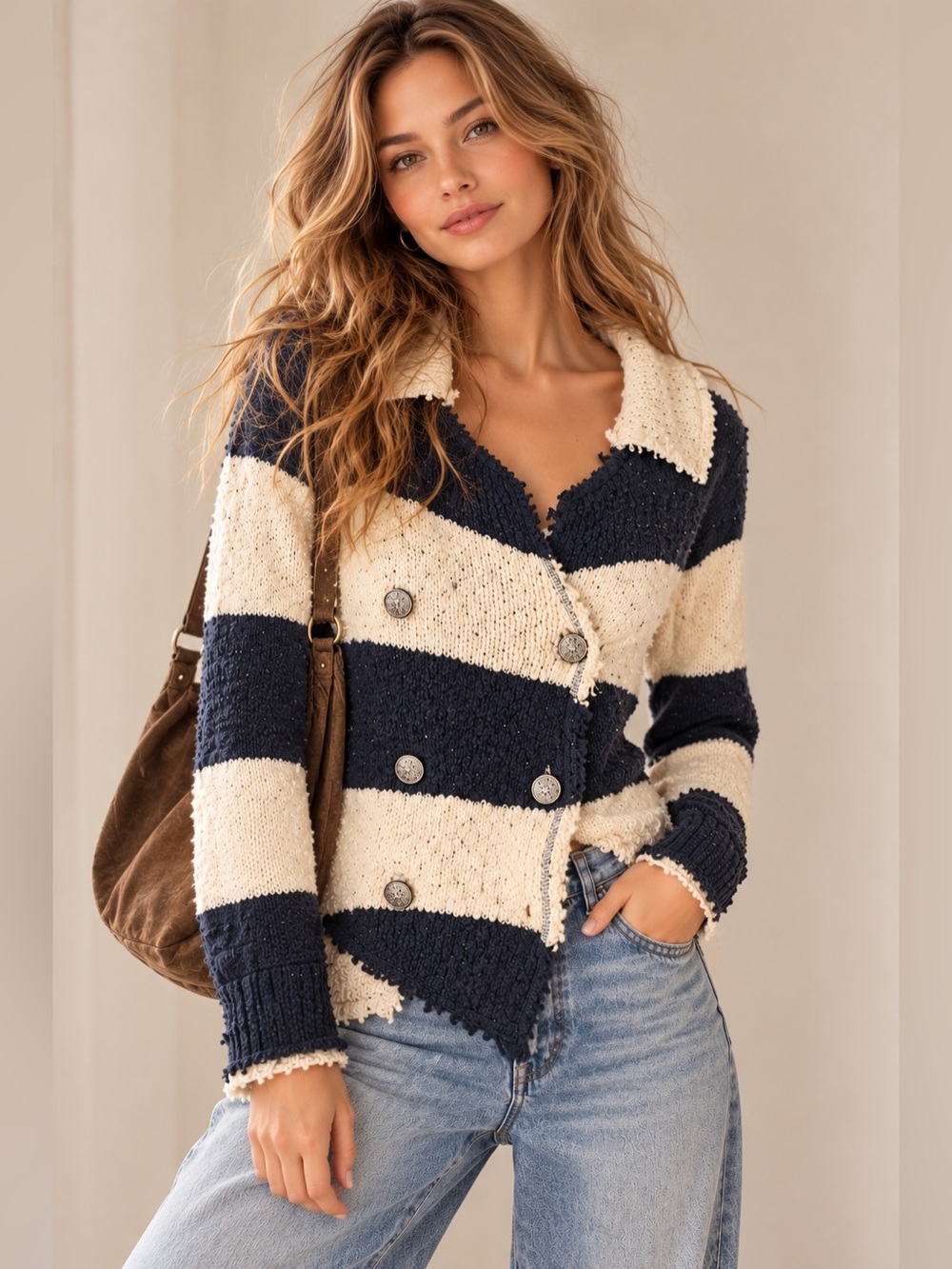 Free People NWT Navy and Cream Striped Double-Breasted Cardigan